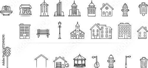 Set of simple city line icons.