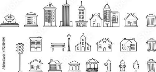 Set of simple city line icons.