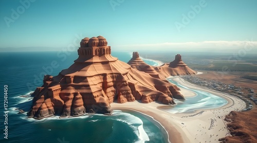 Aerial view of a huge sculptural clay art at a beach