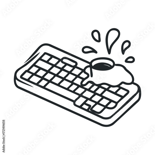 Liquid spill on a keyboard creating a mess for tech users. Vector illustration