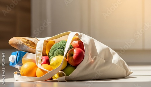 Reusable shopping bag filled with groceries on kitchen floor, soft daylight.