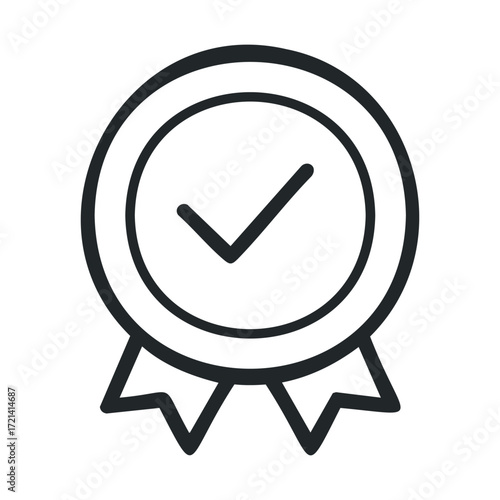 A simple design of an award ribbon with a check mark inside. Vector illustration