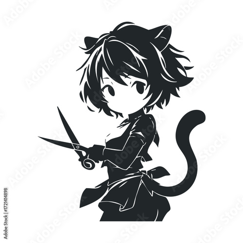 Cat like character with scissors in a creative design setting. Vector illustration