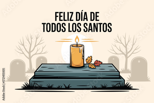 Feliz Día de Todos los Santos with Candle on Grave and Cemetery Scene