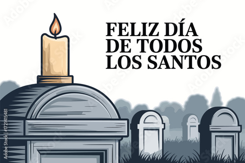 Feliz Día de Todos los Santos with Candle on Grave and Cemetery Scene