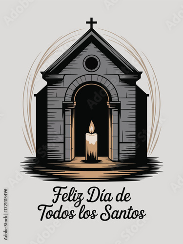 Feliz Día de Todos los Santos with Candle and Chapel Illustration