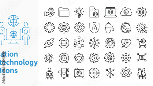 Collection of technology and business line art icons gear