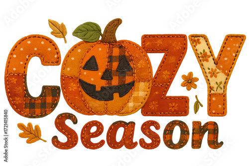 Cute patchwork pumpkin with “Cozy Season” text in faux embroidery style. Perfect for fall and autumn crafts, Thanksgiving decor, sublimation projects, farmhouse rustic designs, and warm seasonal DIY a