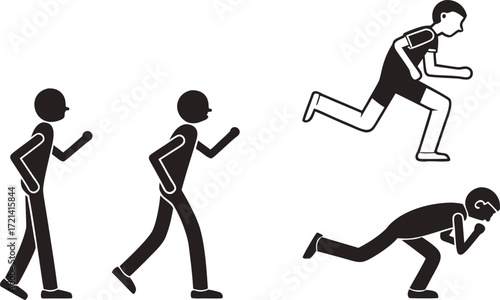 "Movement Sequence with Stick Figures – Black & White Illustration of Jumping, Walking, and Defensive Poses for Physical Activity, Exercise & Motion Design"
 