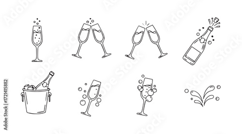 Celebratory champagne toast and bottle illustrations silhouette