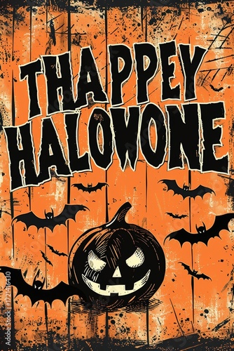 Retro halloween poster featuring bold pumpkin illustration, bats, and distressed orange black design