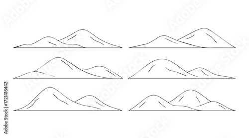 Collection of hand drawn mountain range silhouettes in a simple outline style
