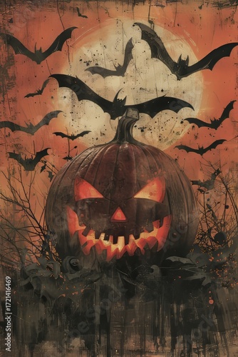 Vintage halloween poster with distressed texture, pumpkin illustration, bats, and minimalist design