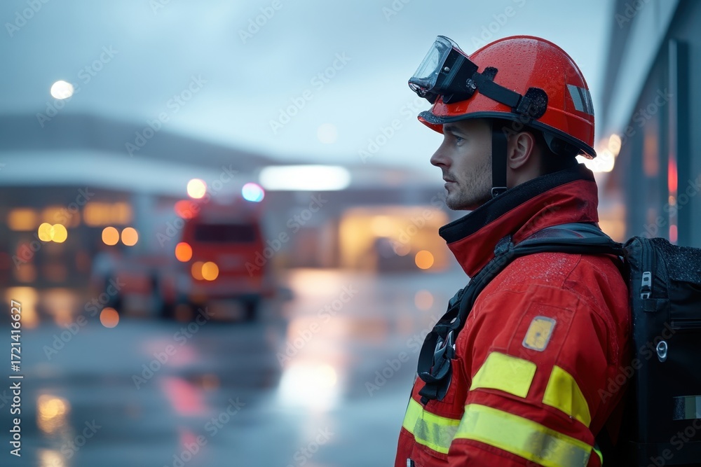 Naklejka premium A firefighter stands ready in the rain near emergency vehicles at dusk on a city street