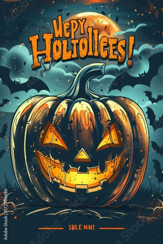 Vintage halloween poster featuring distressed texture with bold pumpkin, bats, and retro typography