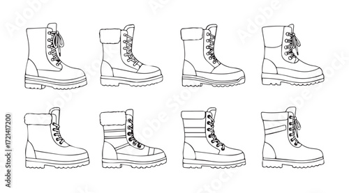 Collection of detailed line drawings of chunky platform combat boots silhouette