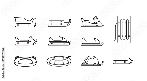 Collection of winter sports equipment icons in silhouette style