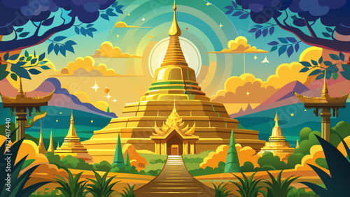 Shwedagon Pagoda, Myanmar, gleams atop Singuttara Hill, draped in gold leaf and sacred relics, radiating spiritual significance under the tropical sky.