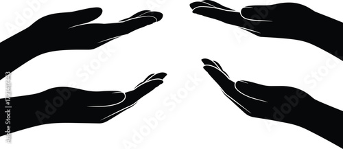 Silhouette, hand, gesture, cupped, open palm, offering, receiving, vector, black, isolated, side view, upward, symbolic, support, help, care, donation, prayer, abstract, minimal