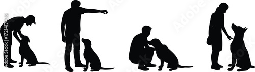 Human dog interaction silhouette, pet training, emotional bonding, companionship, obedience session, vector art, black figures, isolated white background, flat vector illustration