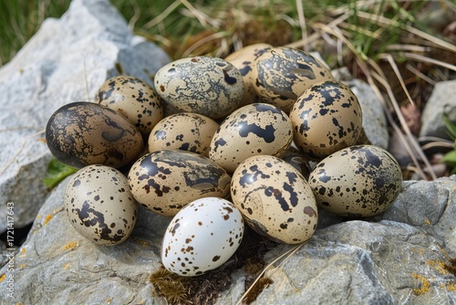 Numerous european herring gull eggs lie on a rocky surface, showcasing their speckled patterns and natural camouflage