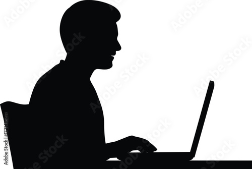 Person working on laptop, sitting silhouette, remote work concept, digital workspace, black vector icon, modern study posture, flat vector illustration