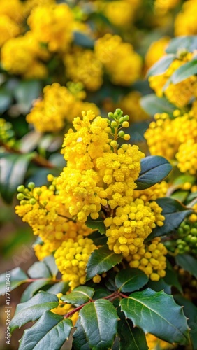 Dense cluster of yellow flowers in a long raceme on a shrub Mahonia x media Buckland