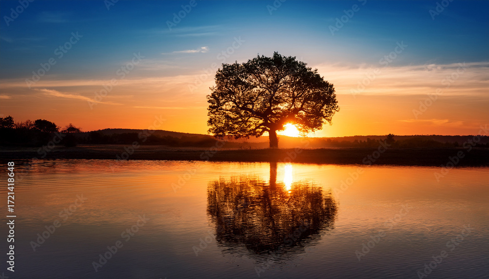 Obraz premium Sunset Tree Reflection Solitary Tree Silhouetted Against A Vibrant Sunset Perfectly Reflected In Calm Water Serene Nature Scene