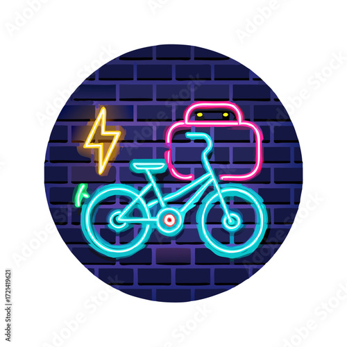 Electric bike in charge. Glowing neon icon on brick wall background .vector