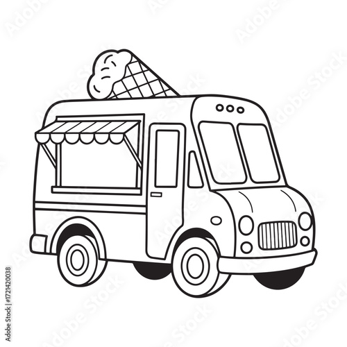 Happy Ice Cream Truck with a Big Cone on Top Line Art