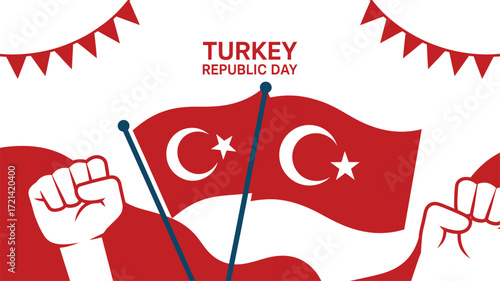 Turkey Republic Day illustration with patriotic flags, raised fists, and festive bunting celebrating national pride and cultural unity