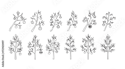 Collection of delicate botanical illustrations of trees and plants in silhouette