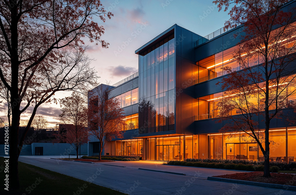 Obraz premium Modern glass office building glowing at dusk, warm interior lights contrasting with the cool evening sky. Contemporary architecture, autumn trees, calm corporate environment.