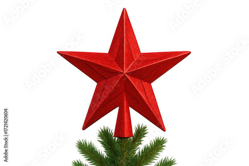 Red star replacing traditional angel on top of christmas tree, symbolizing holiday decorations and festive winter season
