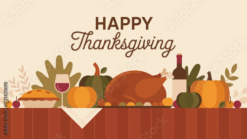 Thanksgiving illustration with roasted turkey, autumn vegetables, pie, wine, and festive foliage celebrating harvest and holiday tradition