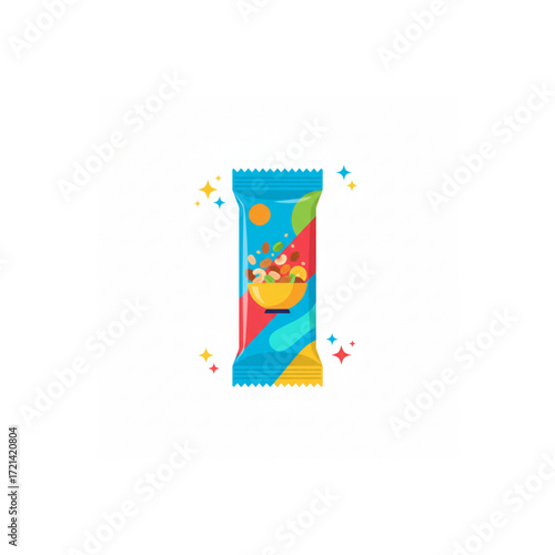 Colorful protein bar packaging with fruit illustration and accents  