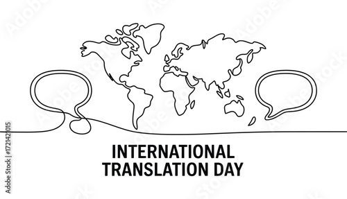 International Translation Day minimalist illustration with world map and speech bubbles symbolizing global language connection and communication
