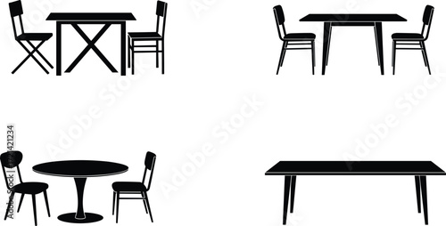 Dining table set, round table, square table, modern chairs, furniture silhouette, cafe seating, home decor, restaurant table, black vector illustration