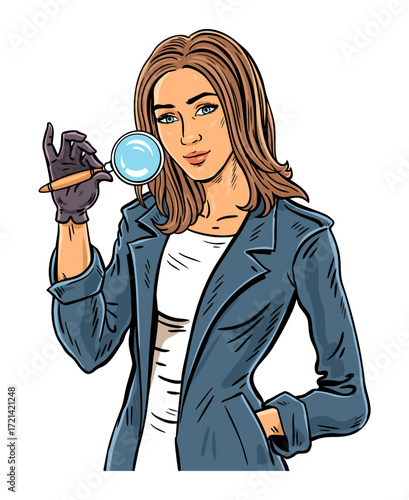 Female detective with magnifier isolated vector illustration