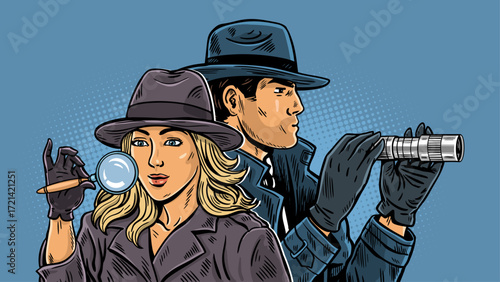 Detective duo with magnifier and spyglass noir poster