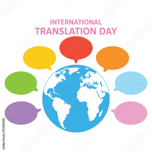 International Translation Day illustration with Earth and colorful speech bubbles representing global language diversity and cultural connection