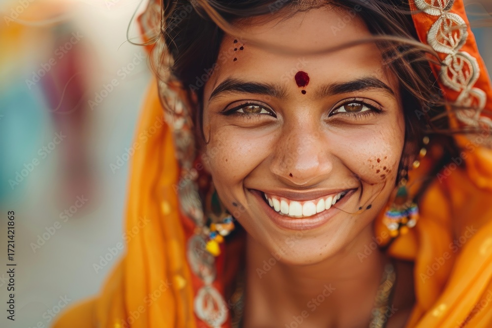 Obraz premium Close up portrait of a beautiful young indian woman with traditional orange veil and bindi, smiling happily