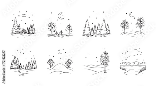 Whimsical hand drawn winter forest scenes with falling snow silhouette