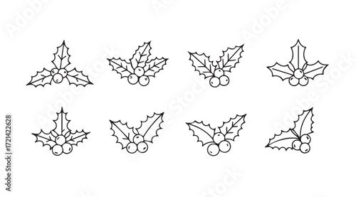 Collection of eight decorative holly leaf and berry designs in a simple silhouette style