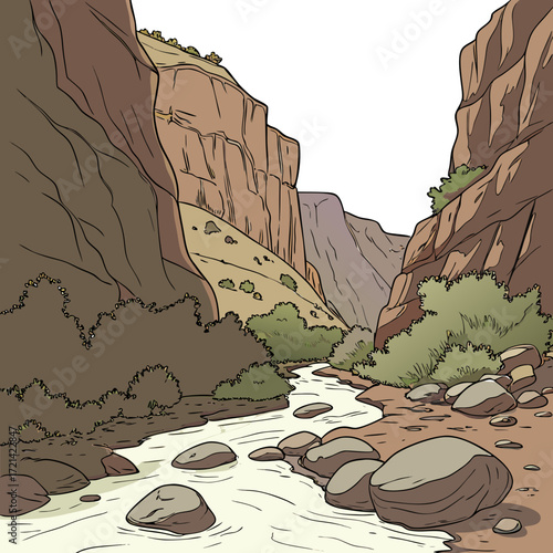 A stylized cartoon illustration of a winding river flowing through a rocky canyon with sparse vegetation