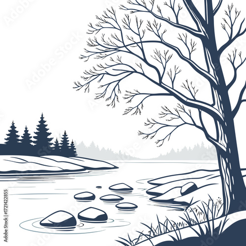 Bare tree branches overlook a serene winter landscape with a calm lake and evergreen forest