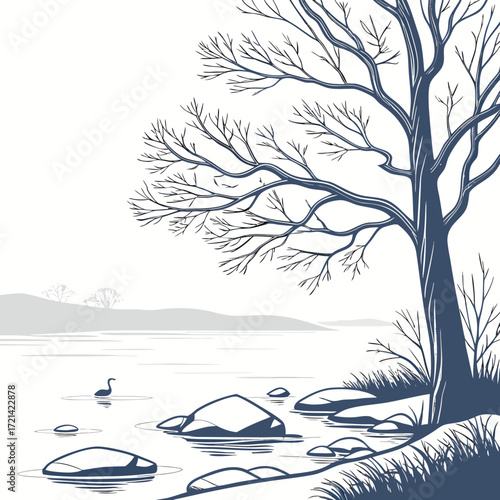 Bare tree branches overlook a serene lake with a lone swan and rocky shore in minimalist style