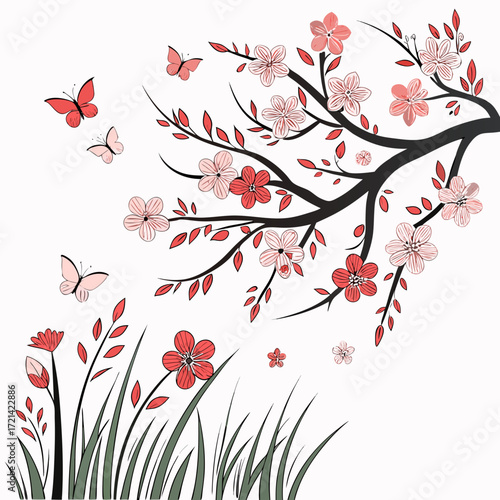 Delicate pink and red cherry blossoms bloom on a dark branch with fluttering butterflies and green grass below