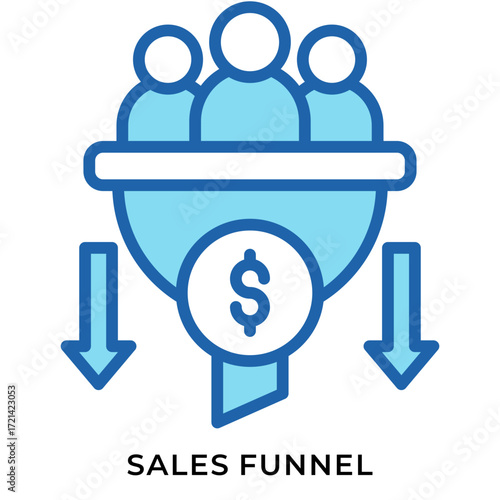 Filled Blue Sales Funnel Icon with Dollar Symbol and Group of People