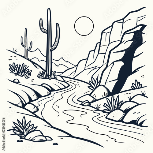 Stylized black and white line art illustration of a desert landscape with saguaro cacti and a winding river